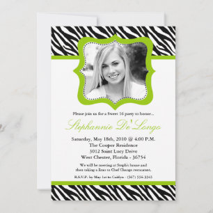 5x7 Lime Zebra PHOTO Sweet 16 Birthday Invitation