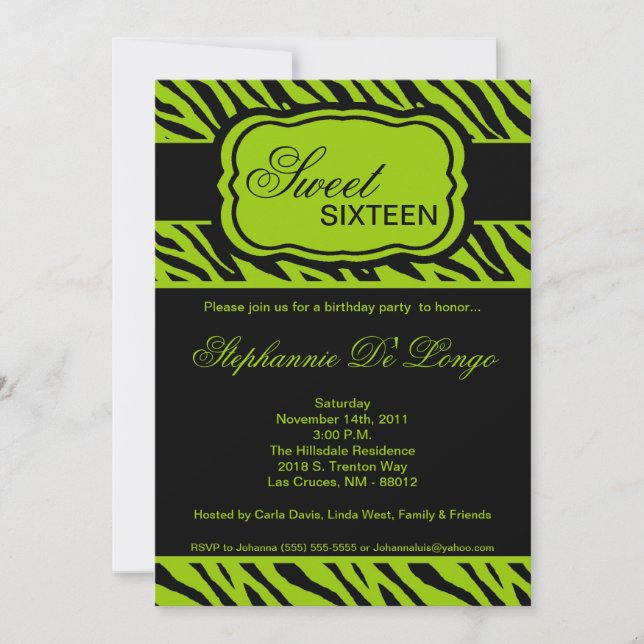 5x7 Lime Zebra Print Birthday Party Invitation (Front)