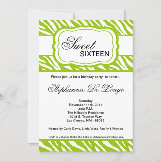 5x7 Lime Zebra Print Birthday Party Invitation (Front)