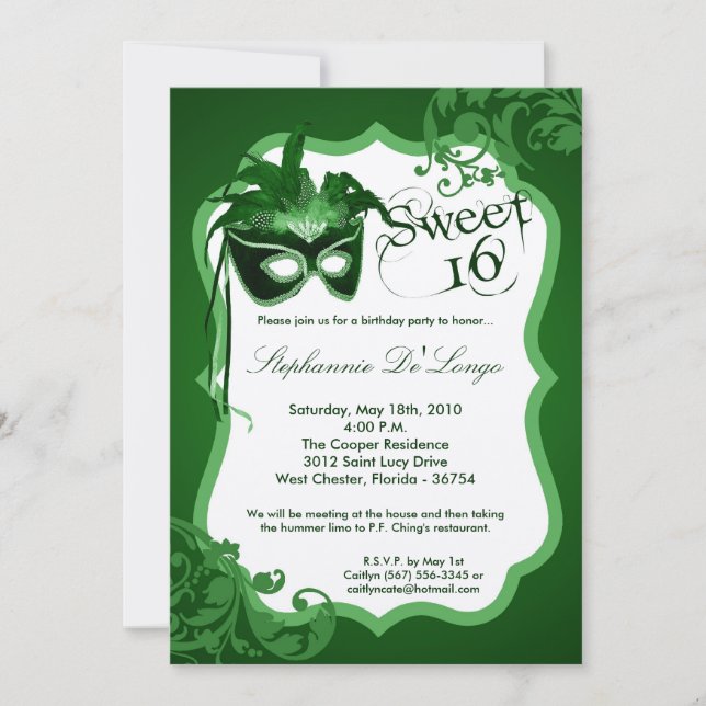 5x7 Mascarade verte Masque Masqué 16 Invitation an (Devant)