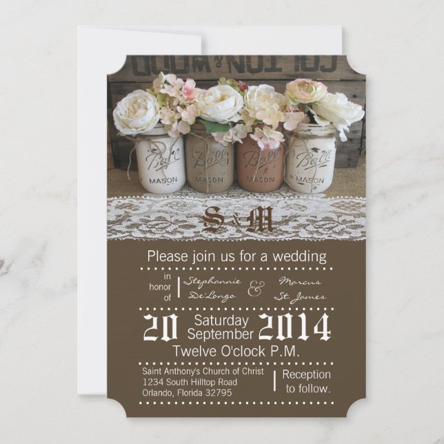 5x7 Mason Jar Rose Faire-part de mariage rustique (Devant)
