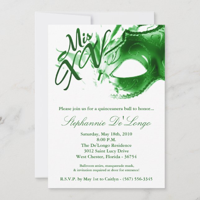 5x7 Masquerade Mask 15 Quinceanera Ball Invitation (Devant)
