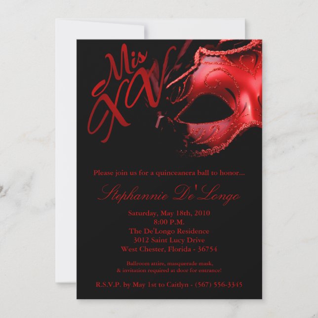 5x7 Masquerade Mask 15 Quinceanera Ball Invitation (Devant)