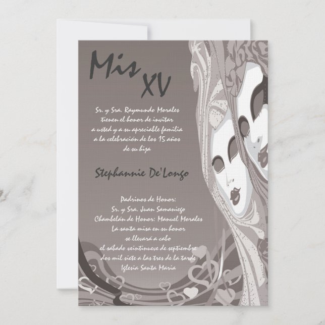 5x7 Masquerade Quinceanera Invitation Anniversaire (Devant)