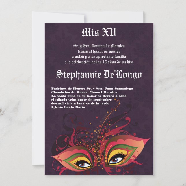 5x7 Masquerade Quinceanera Invitation Anniversaire (Devant)