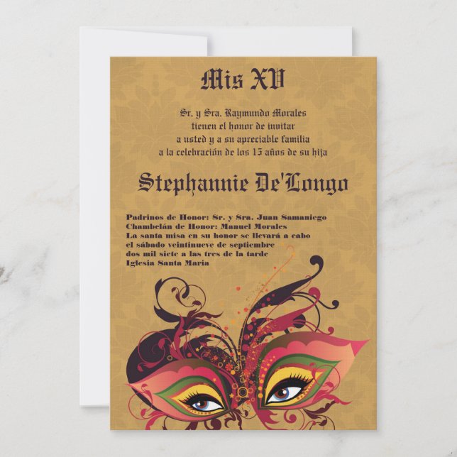 5x7 Masquerade Quinceanera Invitation Anniversaire (Devant)