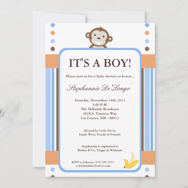 5x7 Mod Monkey Blue Jungle Baby Shower Invitation (Front)