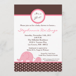 5x7 Mod Pink Girly Elephant Baby Shower Invitation
