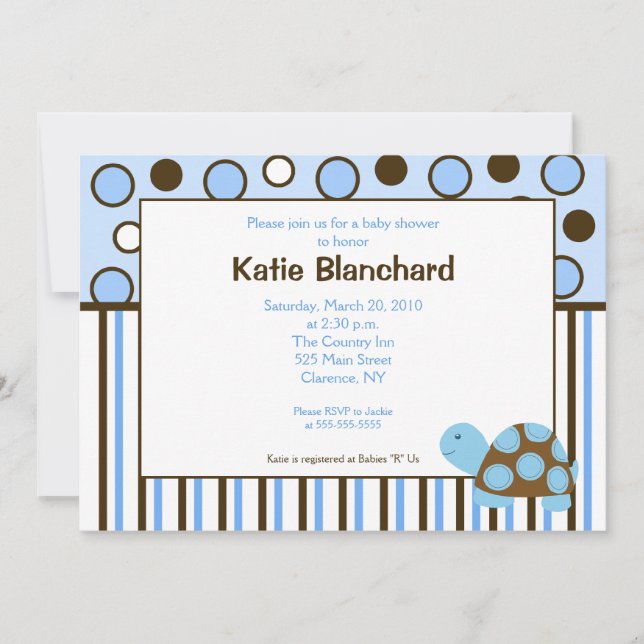 5x7 Mod Turtle Blue Trendy Dot Baby Shower Invitation (Front)