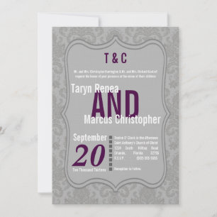 5x7 Modern Grey Damask Purple Wedding Invitation