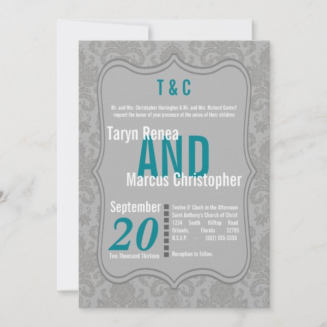 5x7 Modern Grey Damask Teal Wedding Invitation (Front)
