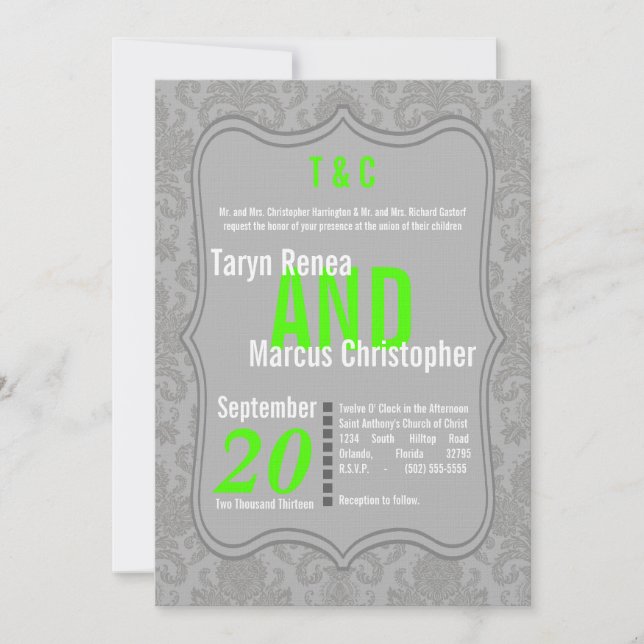 5x7 Modern Grey Neon Mariage damassé Invitation (Devant)