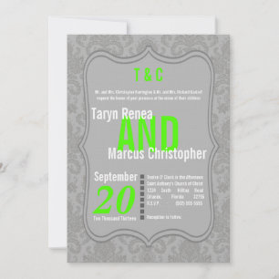 5x7 Modern Grey Neon Mariage damassé Invitation