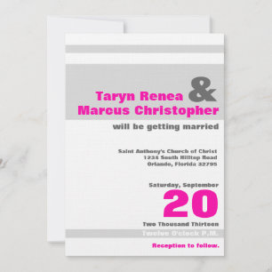5x7 Modern Neon Pink Gre Stripe Wedding Invitation