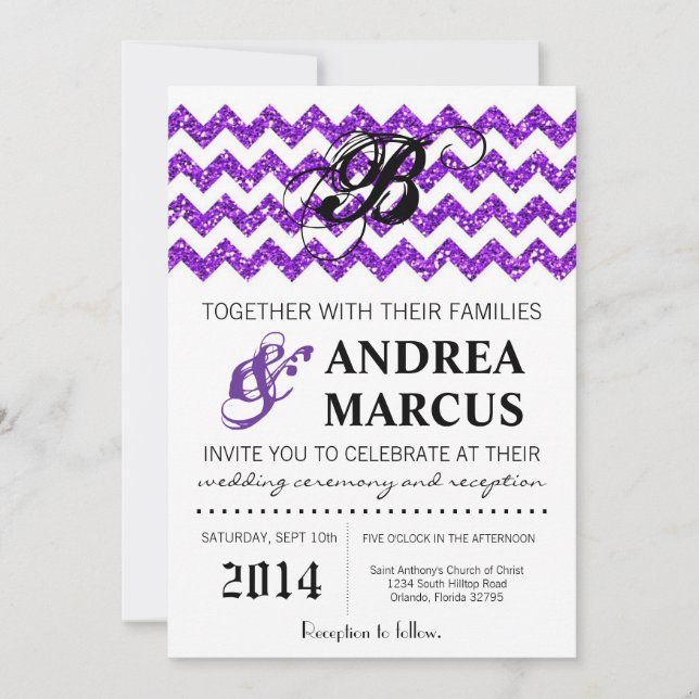 5x7 Modern Purp Glitter Chevron Wedding Invitation (Front)