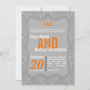 5x7 Moderne Gris Damas Orange Faire-part de mariag