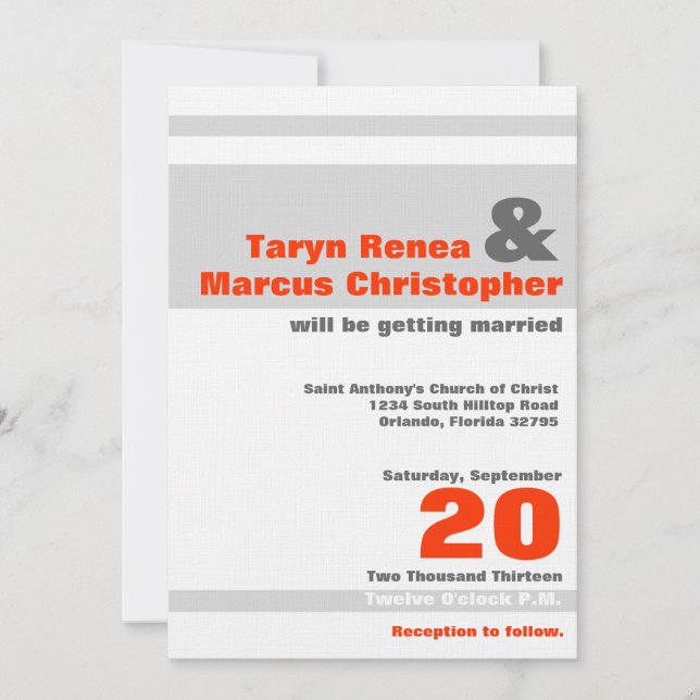 5x7 moderne Neon Orange Faire-part de mariage en b (Devant)