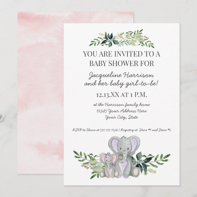 5x7 Mommy Baby Elephant Foliage Blush Pink Shower Invitation (Front/Back)