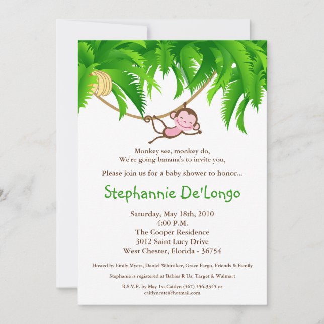5x7 Monkey Jungle Baby shower Invitation (Devant)