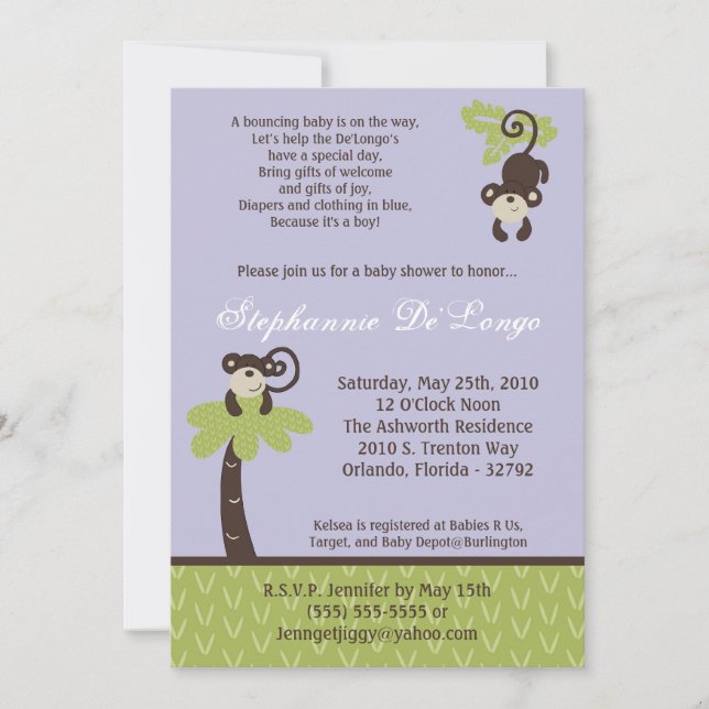 5x7 Monkey Time Zoo Invitation Baby shower animal (Devant)