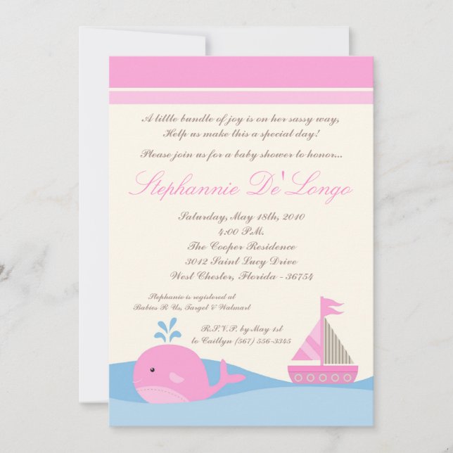 5x7 Naut Sail Boat Whale Baby shower Invitation (Devant)