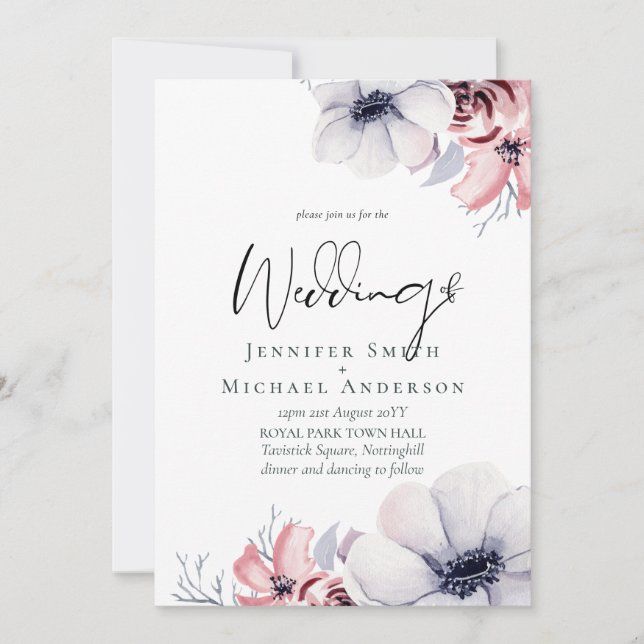 5x7 Navy Blue Coral Floral Script Wedding Set (Front)