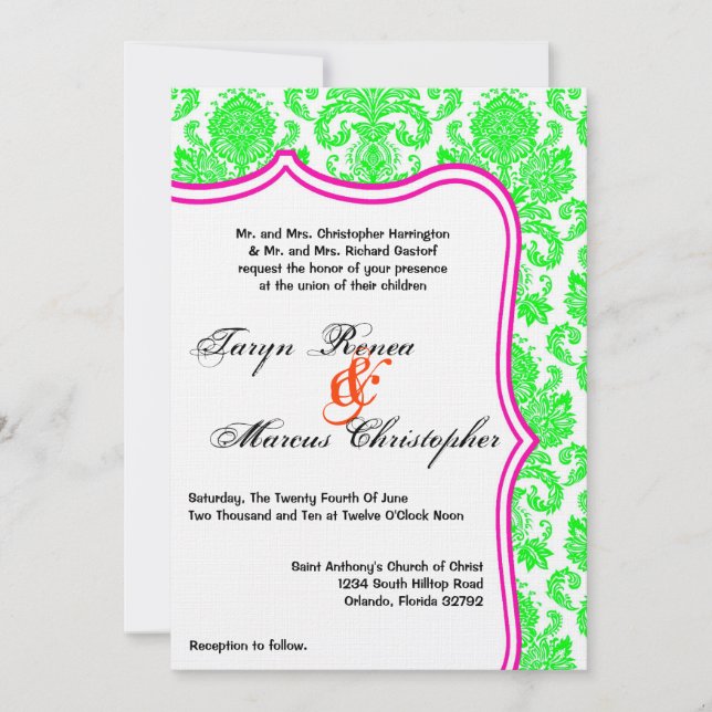 5x7 Neon vert rose Damas Faire-part de mariage (Devant)