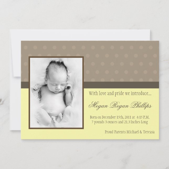 5x7 Neut Yellow Polka Dot PHOTO Birth Announcement (Front)