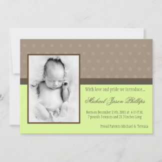 5x7 Neutr Green Polka Dot PHOTO Birth Announcement