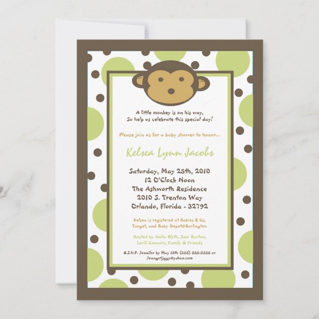 5x7 Neutr Modern Mod Monkey Baby Shower Invitation (Front)