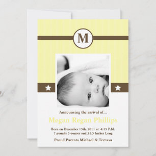 5x7 Neutr Yellow Monogramme Faire-part de naissanc