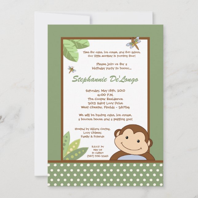 5x7 Neutral Papgayo Monkey Birthday Invitation (Front)