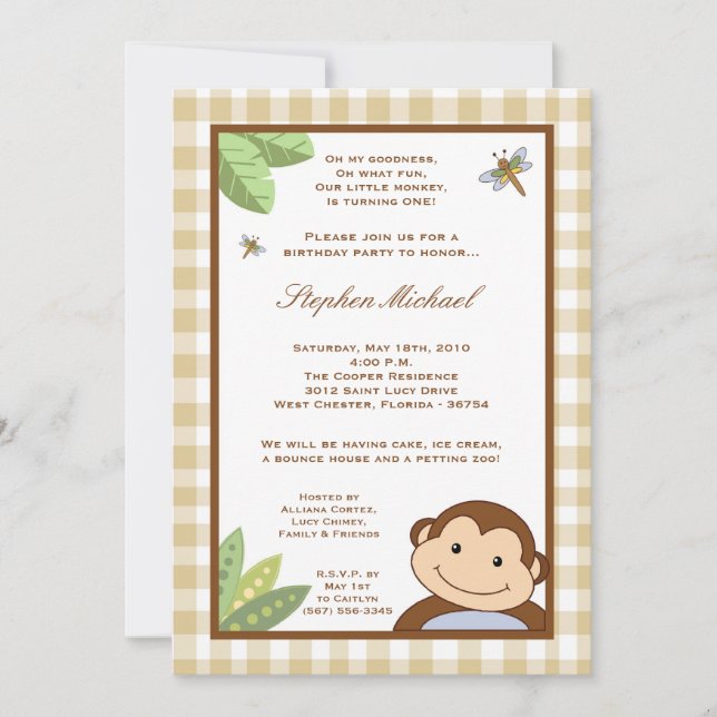 5x7 Neutral Papgayo Monkey Birthday Invitation (Front)