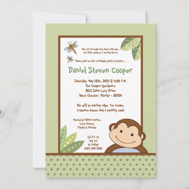 5x7 Neutral Papgayo Singe Invitation Anniversaire (Devant)