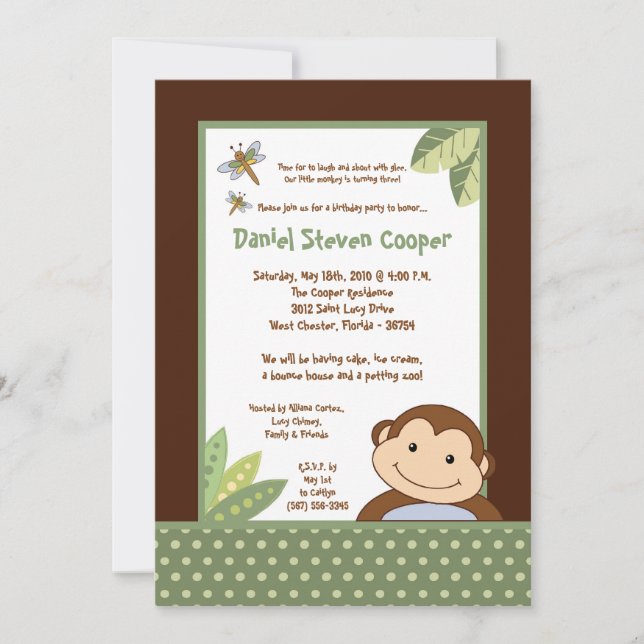 5x7 Neutral Papgayo Singe Invitation Anniversaire (Devant)