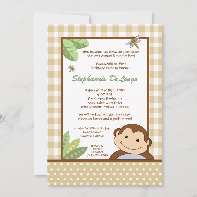 5x7 Neutral Papgayo Singe Invitation Anniversaire (Devant)