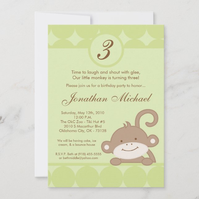 5x7 Neutral PolkaDot Monkey Birthday Invitation (Front)