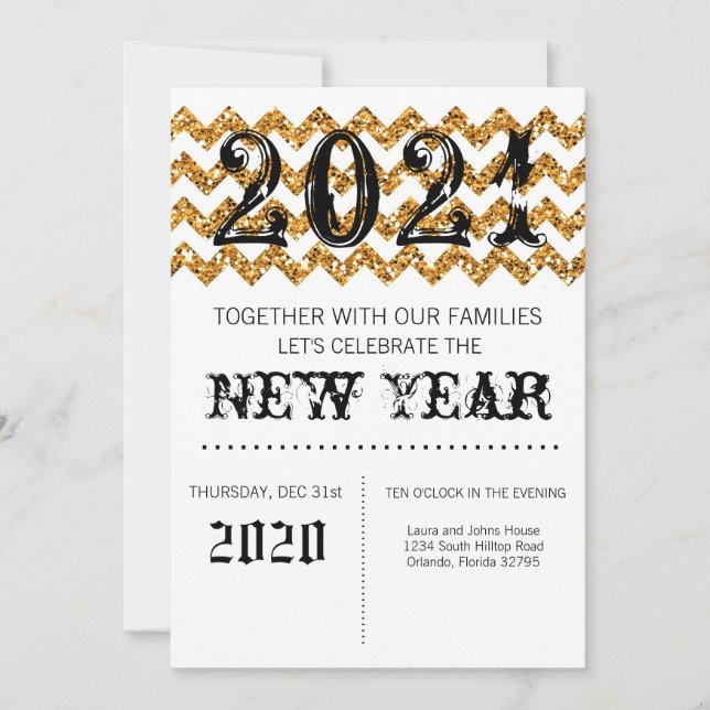 5x7  New Years Eve Invitation Gold Glitter Chevron (Front)