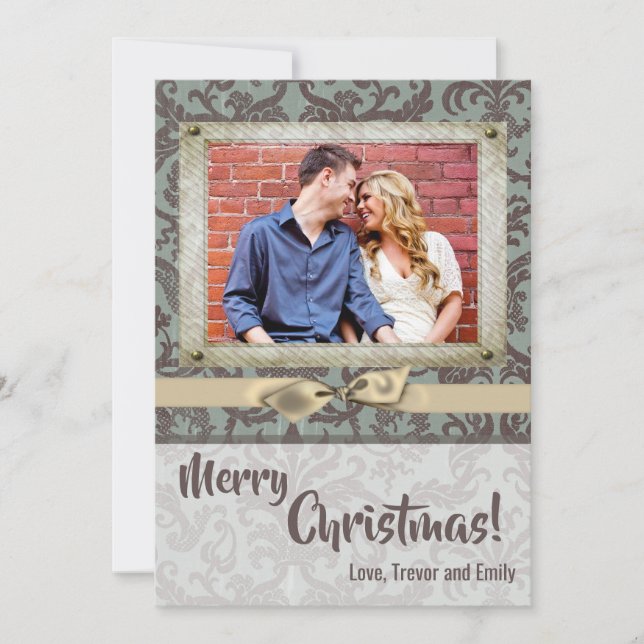 5x7 Noël XMAS Carte photo en tissu Damas bleu (Devant)