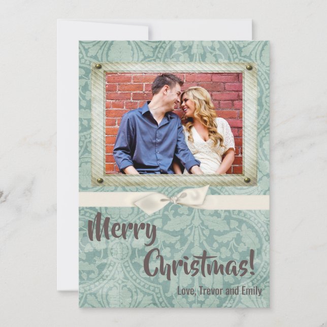 5x7 Noël XMAS Hiver bleu Damas Carte photo (Devant)