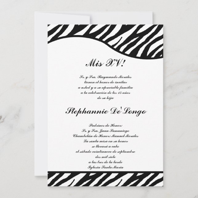5x7 Noir et Blanc Zebra Quinceanera Invitation de  (Devant)
