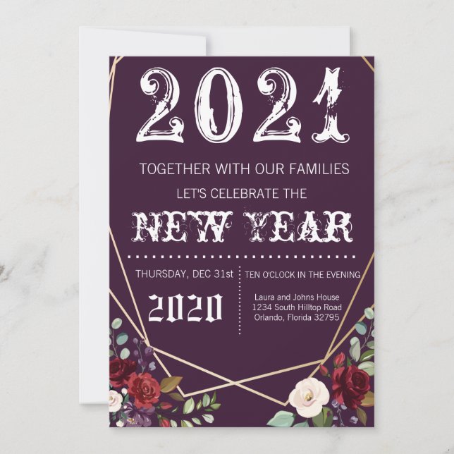 5x7 Nouvel An Eve Invitation Plum Purple Roses Go (Devant)
