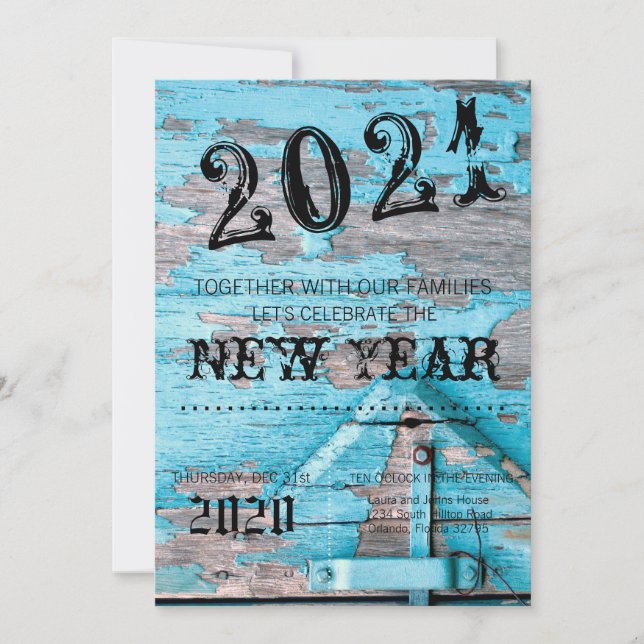5x7 Nouvel An Invitation Blue Wood Grange Door (Devant)