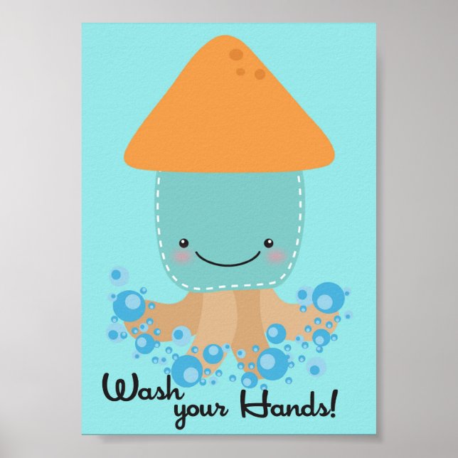 5x7 Ocean Squid Wash Your Hands Bathroom Wall Art (Front)