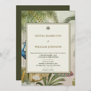 5x7 Olive Green Tropical Peacock Palm Wedding Invitation