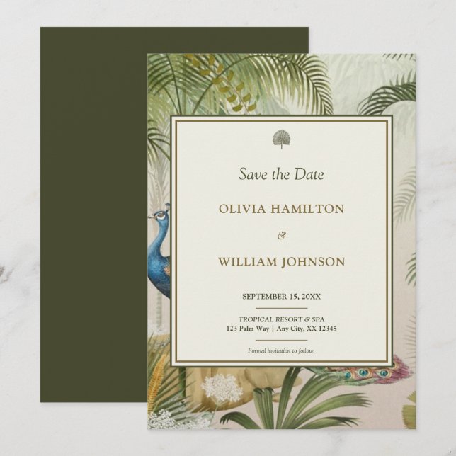 5x7 Olive Green Tropical Peacock Palm Wedding  Save The Date (Front/Back)