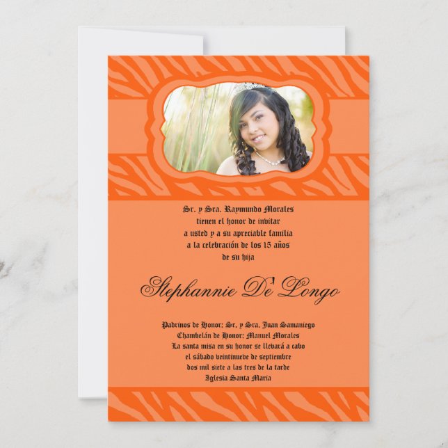 5x7 Oran Zebra Print Patter Quinceanera Invitation (Front)