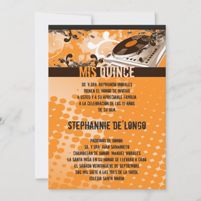 5x7 Orang DJ Spin Turntable Quinceanera Invitation (Front)