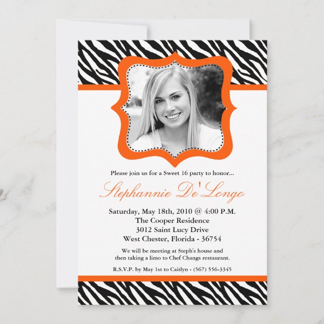 5x7 Orang Zebra PHOTO Sweet 16 Birthday Invitation (Front)