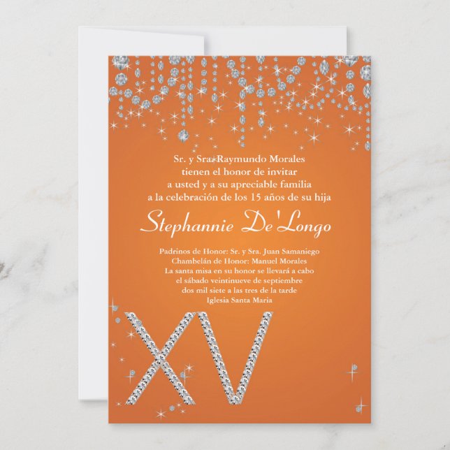 5x7 Orange Diamond Quinceanera Invitation Annivers (Devant)
